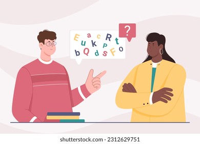 Problem of communication vector illustration. Cartoon smart man with glasses speaking words in technical jargon to confused woman, chaos from alphabet letters and question mark in speech bubbles