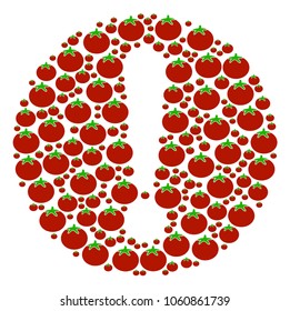 Problem composition of tomato in various sizes. Vector tomatoes symbols are grouped into problem shape. Vegan vector illustration.