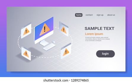 Problem Computer Application Software Error Concept 3d Isometric Technology Exclamation Mark Icon Pc Monitor Screen Alert Warning Notification Horizontal Copy Space
