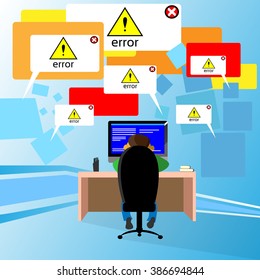 Problem Computer Application Software Error Developer Sitting Desk Desktop Rear View Fail Flat Vector Illustration