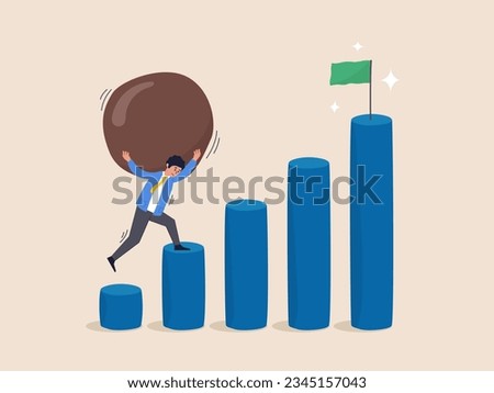 Problem concept. Effort to success. Difficult task, difficulty to achieve success, overcome challenge, over burden or heavy boulder, exhausted businessman carry heavy boulder step up to success.