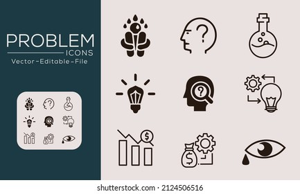 Problem concept icons set. Contains such icons problem solving, depression, analyze, solution and more, can be used for web and apps. Vector available.