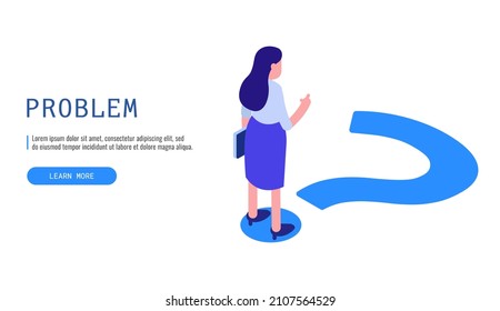 Problem Concept. Woman Thinking About The Problem. Isometric Vector Web Banner.