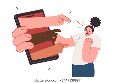 Problem cyber shaming and trolling of internet users over woman holding big phone with hands haters. People from social networks engage in shaming against girl needs protection from discrimination