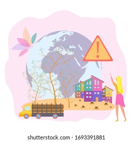The problem of deforestation or the jungle. Animal species are disappearing. Export and sale of wood. Colorful vector illustration.
