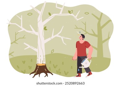 Problem of deforestation worries man, trying to save destroyed tree and prevent eco catastrophe. Environmental activist guy takes care of planet, demonstrating unacceptability of deforestation