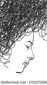 Problem, depression in hard time concept. Face of young woman with closed eyes with dark scribble cloud over her head, Vector sketch, Hand drawn illustration