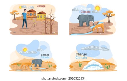 Problem of disappearing water sources, drought, ecological disaster on planet animals are thirsty. Set of illustrations on theme of environmental care and problems with nature on planet Earth, drouth