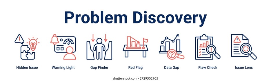 Problem Discovery Web-Banner-Symbol Vektorgrafik-Konzept für Unternehmen mit Symbol für versteckte Ausgabe, Warnleuchte, Lückensucher, rote Flagge, Datenlücke, Fehlerprüfung.