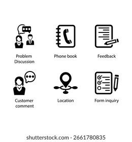 Problem Discussion, Phone book, Document feedback, Customer comment, Direction, Form inquiry, icon