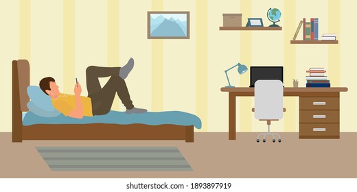 Problem of distance learning among students. Unwillingness to study at home. Guy lies on bed and listens to music during studying. Problem of self-learning. Vector illustration