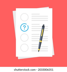 Problem. Document with question mark and pen. Modern flat design. Vector illustration