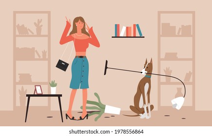 Problem dog pet owner, bad domestic animal behavior vector illustration. Cartoon unhappy frustrated girl character scolding doggy puppy for mess, damaged furniture in home room interior background