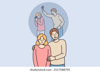 Problem of domestic violence is hidden by man aggressor and woman victim smiling in public. Concept importance of combating family violence and rescuing girls under influence of domestic tyrant