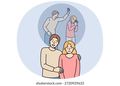 El problema de la violencia doméstica es ocultado por el hombre agresor y la mujer víctima sonriendo en público. Concepto: importancia de combatir la violencia familiar y rescatar a las niñas bajo la influencia del tirano doméstico
