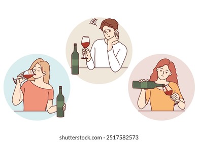 Problema de beber bebidas alcohólicas solas, en hombres y mujeres que beben vino tinto. Las Personas con botella y copa de vino sufren de adicción al alcohol y falta de amigos para pasar tiempo juntos