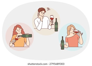 Problem of drinking alcohol beverages alone, in men and women who drink red wine. People with bottle and wineglass suffer from alcohol addiction and lack of friends to spend time together