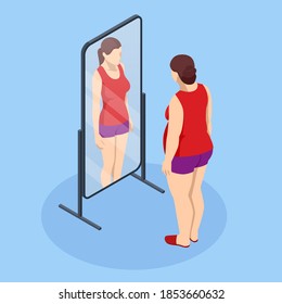 Problem of excess weight and health. Isometric Fat woman looks in the mirror and sees herself as slim. Health risk, obesity. svg