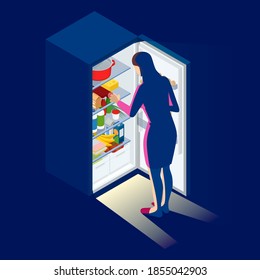 Problem of excess weight and health. Woman by the open refrigerator at night. Isometric young woman looking at fridge.