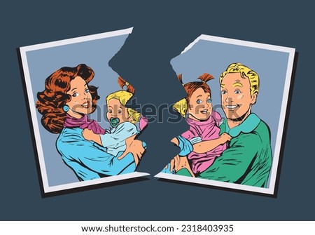 Problem of family separation. A split photo between people, serious quarrel or disagreement of the spouse to end with divorce. Pop art retro illustration 50s 60s style. Pop art retro vector.