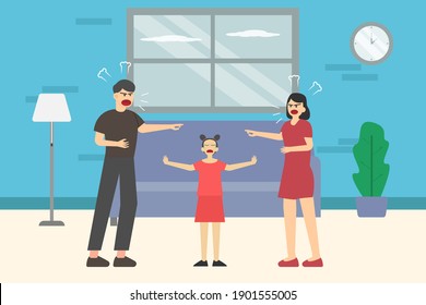 Problem family vector concept: Little girl crying while her parents fighting at home 