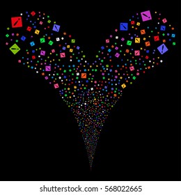 Problem fireworks stream. Vector illustration style is flat bright multicolored iconic symbols on a black background. Object double fountain made from random pictographs.