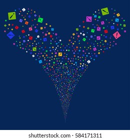 Problem fireworks stream. Vector illustration style is flat bright multicolored iconic symbols on a blue background. Object double fountain combined from random icons.