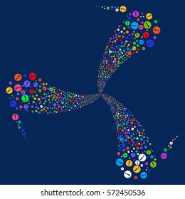 Problem fireworks swirl rotation. Vector illustration style is flat bright multicolored iconic symbols on a blue background. Object spiral created from random icons.
