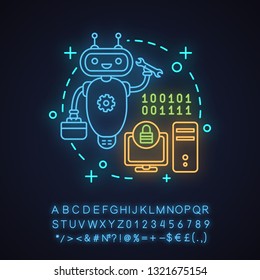 Problem fixing neon light concept icon. Customer support idea. Client service chatbot. Virtual assistant with spanner. Glowing sign with alphabet, numbers and symbols. Vector isolated illustration