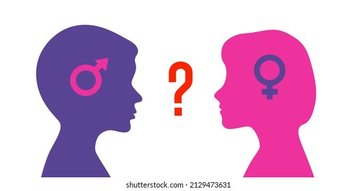 Problem of gender choice for person in modern society. Silhouette profile boy and girl. Multicultural multigender society. Friendship and relationships between people. Diversity gender, choice matter