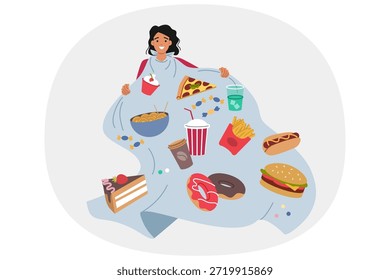 Problema de gula e excesso de comida na mulher, viciado em junk food e refrigerante que destrói a saúde. Menina sofre de gula devido a trauma psicológico ou transtorno de personalidade compulsiva