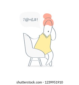 Problem, headache, stressed unhappy cartoon woman sitting in the armchair, she feeling unwell and swearing, frustration, anger, bad words in chat bubble. Flat outline isolated vector illustration