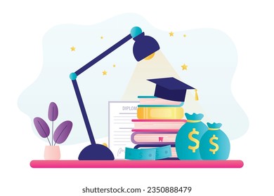 Problema del alto costo de la educación, derechos de matrícula. Ahorro de dinero para el estudio. Inversión en el aprendizaje del conocimiento, becas de crédito. Pila de libros, diploma y gorro universitario sobre el escritorio. vector plano