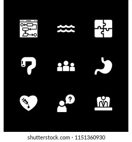 problem icon. 9 problem set with stomach, question, ocean and algorithm vector icons for web and mobile app