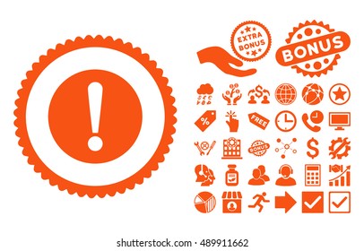 Problem icon with bonus pictogram. Vector illustration style is flat iconic symbols, orange color, white background.