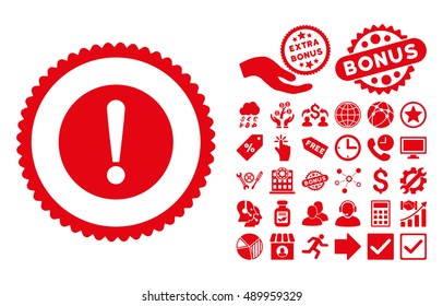 Problem icon with bonus pictures. Vector illustration style is flat iconic symbols, red color, white background.