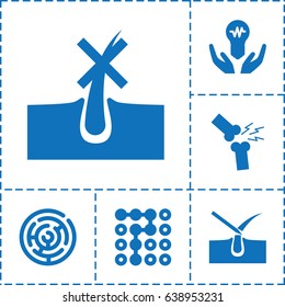 Problem icon. set of 6 problem filled icons such as no hair in skin, shave hair in skin, broken leg or arm, bulb in hand