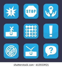 Problem icon. set of 9 filled problem icons such as no hair in skin, shave hair in skin, stop, bulb in hand, labyrinth, exclamation