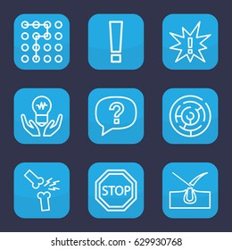 Problem icon. set of 9 outline problem icons such as shave hair in skin, broken leg or arm, stop, labyrinth, exclamation, exclamation point