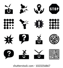 Problem icons. set of 16 editable filled problem icons such as no hair in skin, shave hair in skin, labyrinth, exclamation, bulb in hand, broken leg or arm