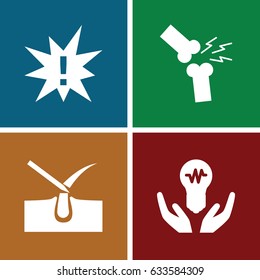 Problem icons set. set of 4 problem filled icons such as shave hair in skin, broken leg or arm, bulb in hand