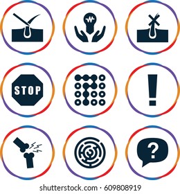 Problem icons set. set of 9 problem filled icons such as no hair in skin, shave hair in skin, broken leg or arm, stop, bulb in hand, labyrinth, exclamation