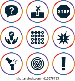 Problem icons set. set of 9 problem filled icons such as no hair in skin, broken leg or arm, stop, bulb in hand, labyrinth, exclamation