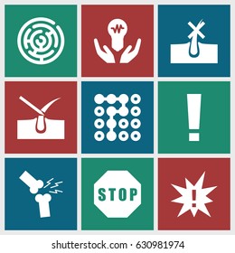 Problem icons set. set of 9 problem filled icons such as no hair in skin, shave hair in skin, broken leg or arm, stop, bulb in hand, labyrinth, exclamation
