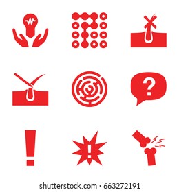 Problem icons set. set of 9 problem filled icons such as no hair in skin, shave hair in skin, broken leg or arm, bulb in hand, labyrinth, exclamation