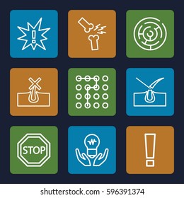 problem icons set. Set of 9 problem outline icons such as no hair in skin, shave hair in skin, broken leg or arm, stop, labyrinth, exclamation, exclamation point