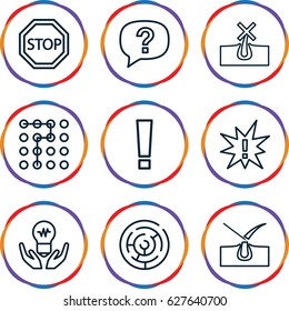 Problem icons set. set of 9 problem outline icons such as no hair in skin, shave hair in skin, stop, labyrinth, exclamation, exclamation point