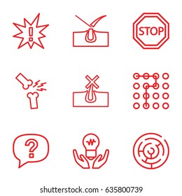 Problem icons set. set of 9 problem outline icons such as no hair in skin, shave hair in skin, broken leg or arm, stop, labyrinth, exclamation