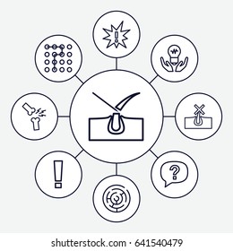 Problem icons set. set of 9 problem outline icons such as no hair in skin, shave hair in skin, broken leg or arm, labyrinth, exclamation, exclamation point