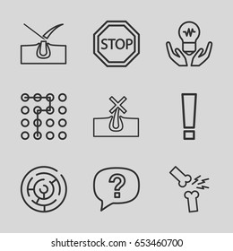 Problem icons set. set of 9 problem outline icons such as no hair in skin, shave hair in skin, broken leg or arm, stop, labyrinth, exclamation, exclamation point
